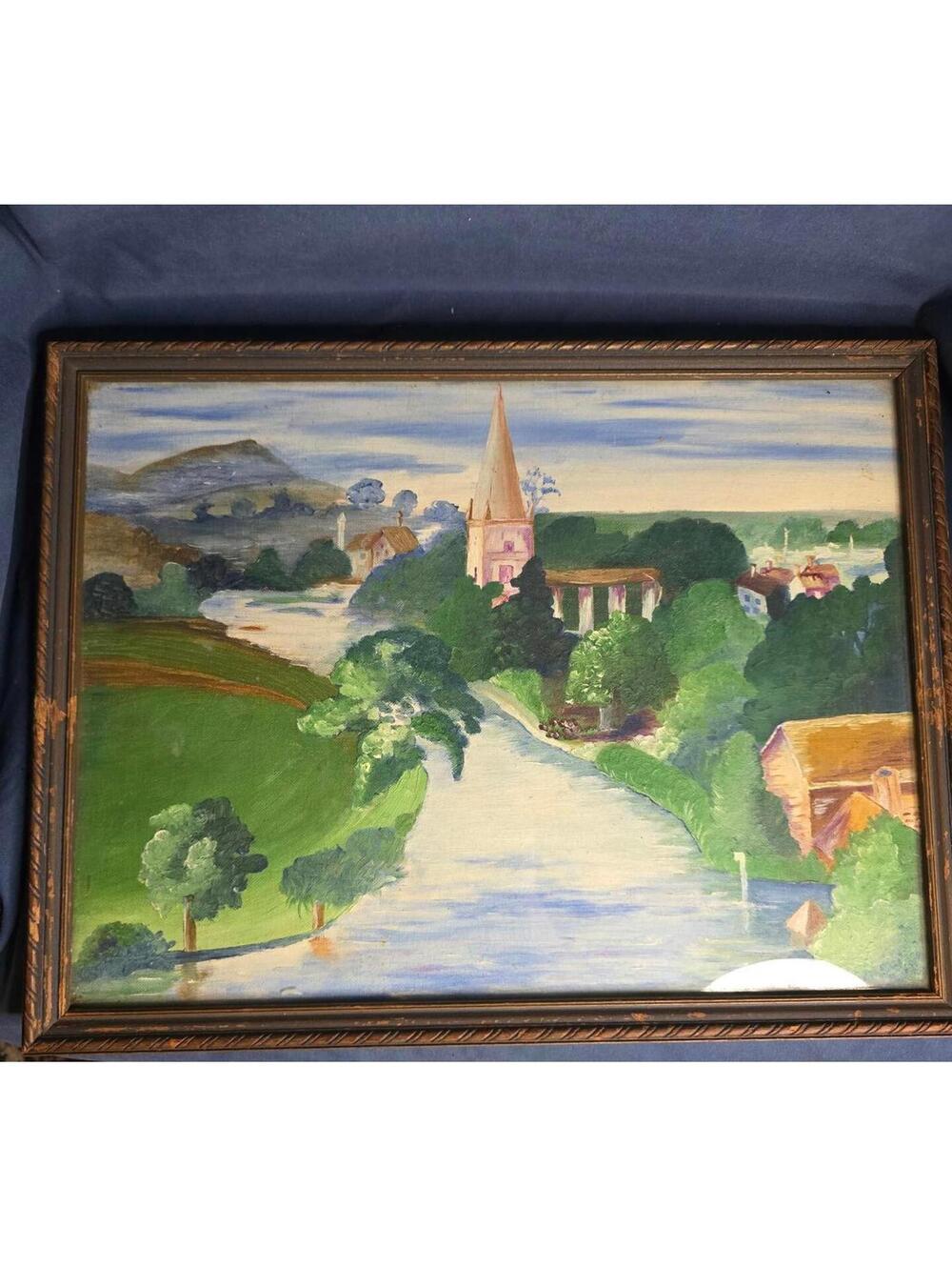 Vintage Mid Century Landscape Oil Painting with Wooden Frame